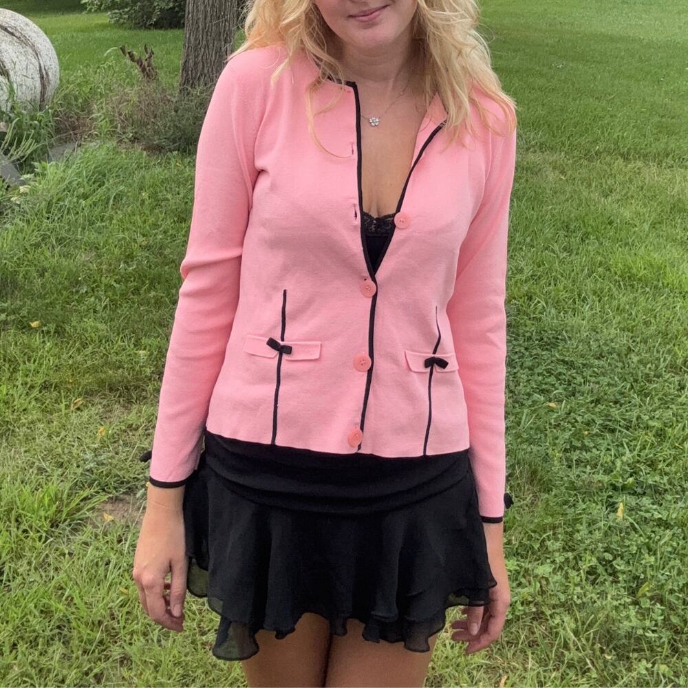 Vintage 90s Y2K Emma James Cardigan Pink Black Size Large Coquette Office Siren